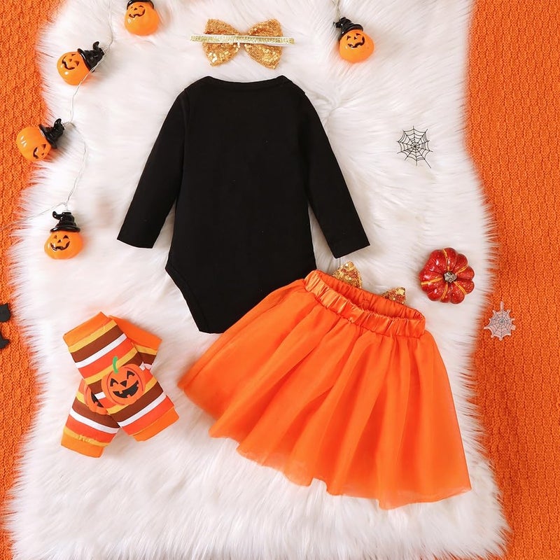 CPEI Baby Girls Halloween Outfits Costume My 1st Halloween Romper+ Tutu Skirt+ Striated Leg Warmer+ Bunny Headband 4Pcs Outfit Set (Black, 6-12 months) - Image 3